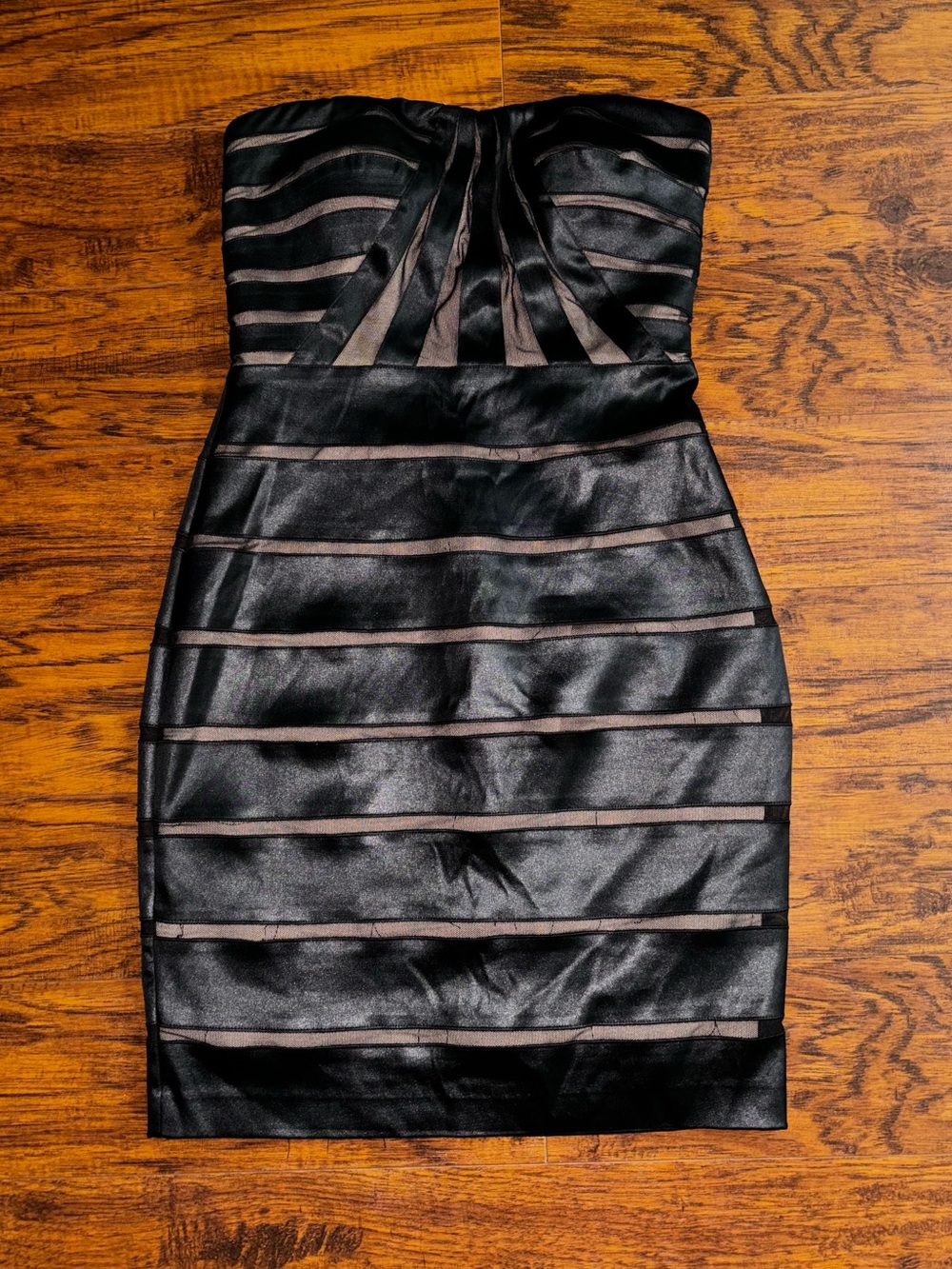 Betsy & Adam NWT Strapless Bodycon Black Dress Sheer-Striped Fitted Sheath Mini